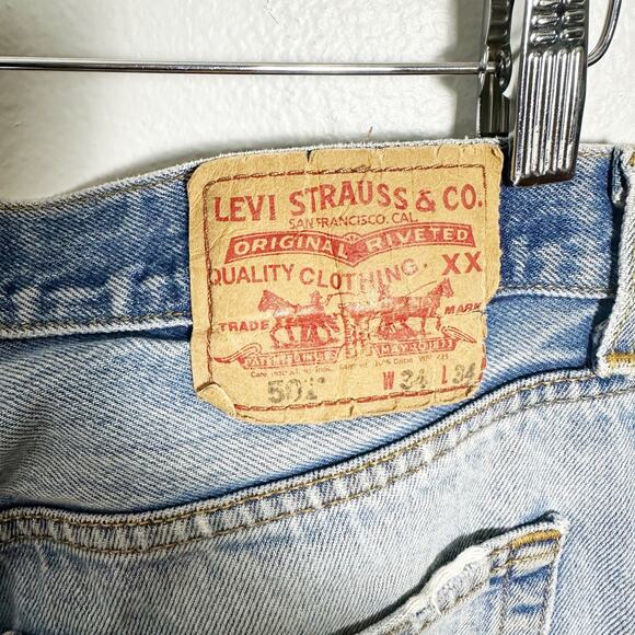 Levi's Light Wash 501 Button Fly Patchwork Straight Leg Jeans sz 34 - Picture 8 of 13